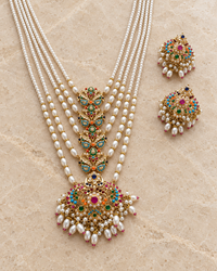 Navratna Pearl Necklace Set with Earrings – Multicolor Rajwadi