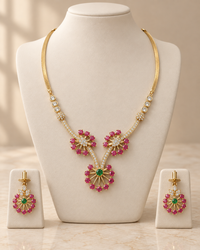 Ruby Emerald Floral Necklace Set with Earrings – Gold Snake Chain