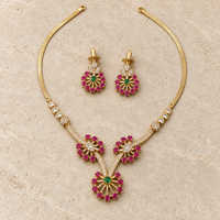 Ruby Emerald Floral Necklace Set with Earrings – Gold Snake Chain