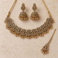 Antique Gold Kundan Choker Set with Jhumka Earrings & Tikka