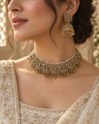 Antique Gold Kundan Choker Set with Jhumka Earrings & Tikka