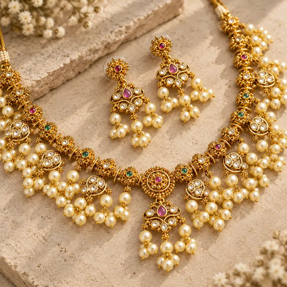 Antique Kundan Pearl Necklace Set with Matching Earrings