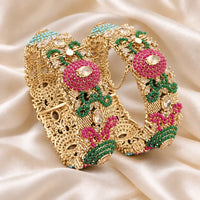 Hira – Antique Gold Kundan Jaali Bangles with Ruby & Emerald Floral Work
