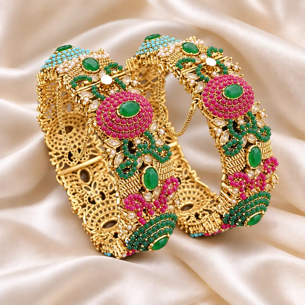 Hira – Antique Gold Kundan Jaali Bangles with Ruby & Emerald Floral Work