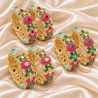 Hira – Antique Gold Kundan Jaali Bangles with Ruby & Emerald Floral Work