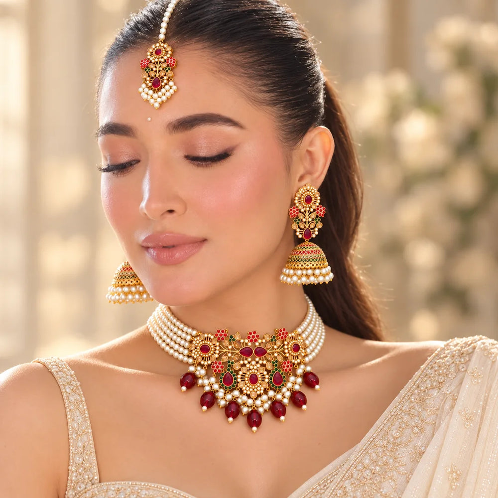 Mehrunnisa Pearl Choker Set with Jhumka & Tikka