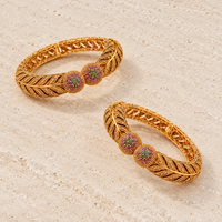 Antique Gold Plated Leaf Kangan Pair with Ruby & Emerald Stones