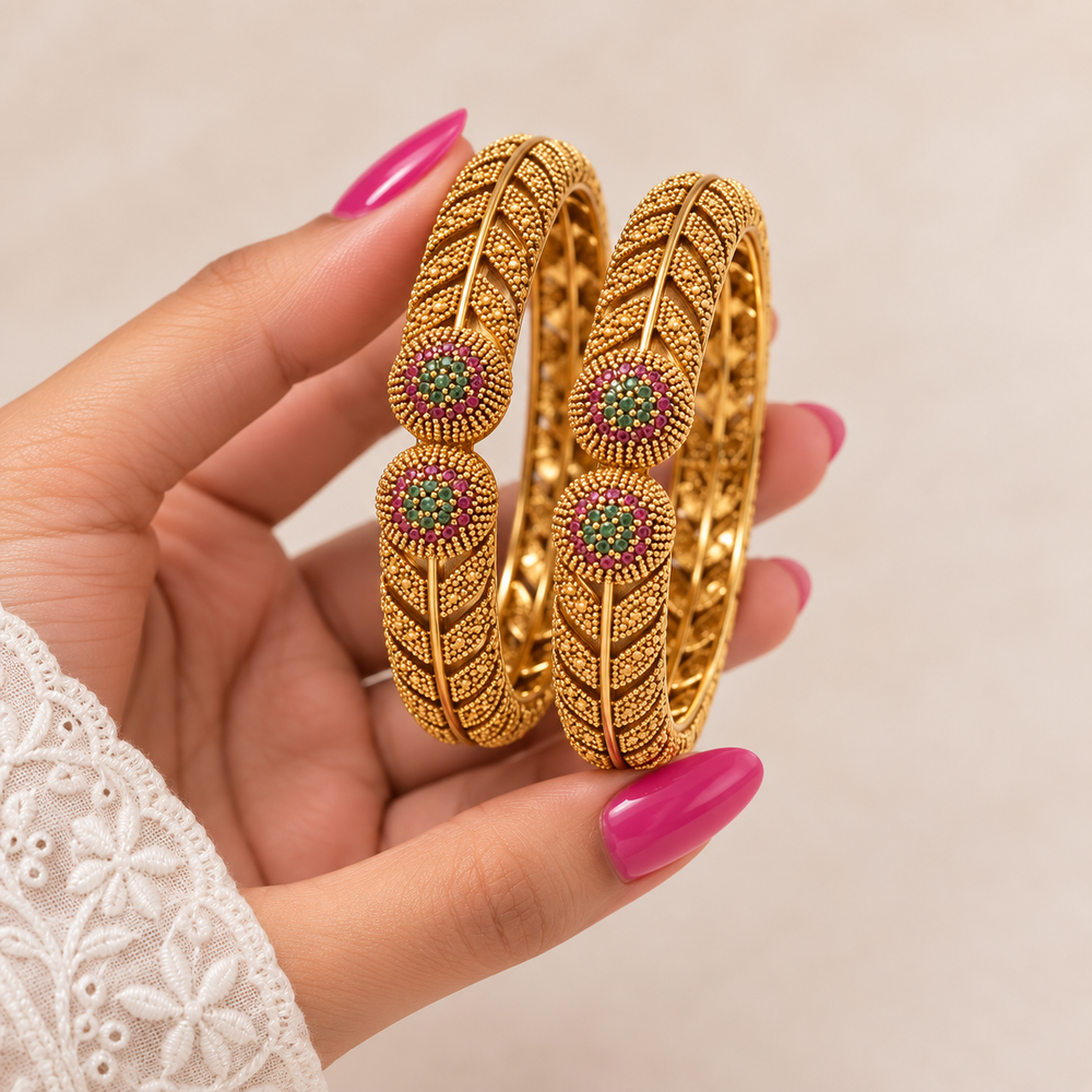Antique Gold Plated Leaf Kangan Pair with Ruby & Emerald Stones