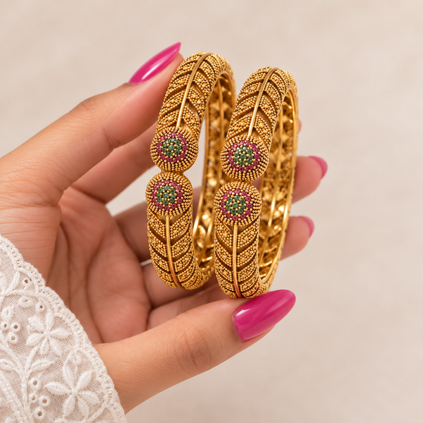 Antique Gold Plated Leaf Kangan Pair with Ruby & Emerald Stones