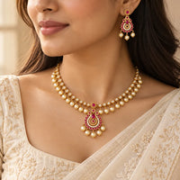 Gulnaar Ruby & Pearl Drop Necklace Set with Earrings