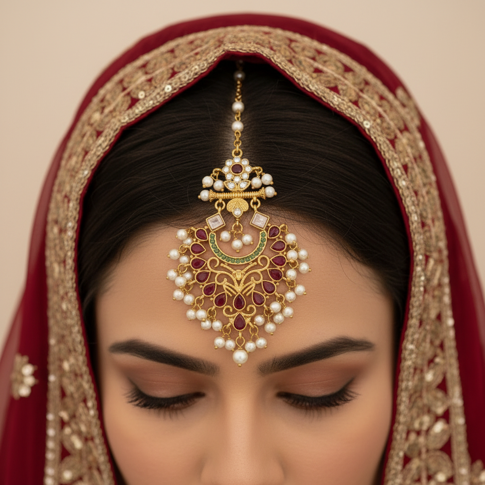 Antique Gold Kundan Maang Tikka with Pearl Cluster – Bridal Bindiya