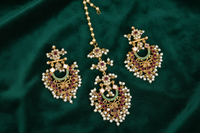 Complete Antique Gold Chandbali Earrings & Maang Tikka Set – Pearl Cluster Edition