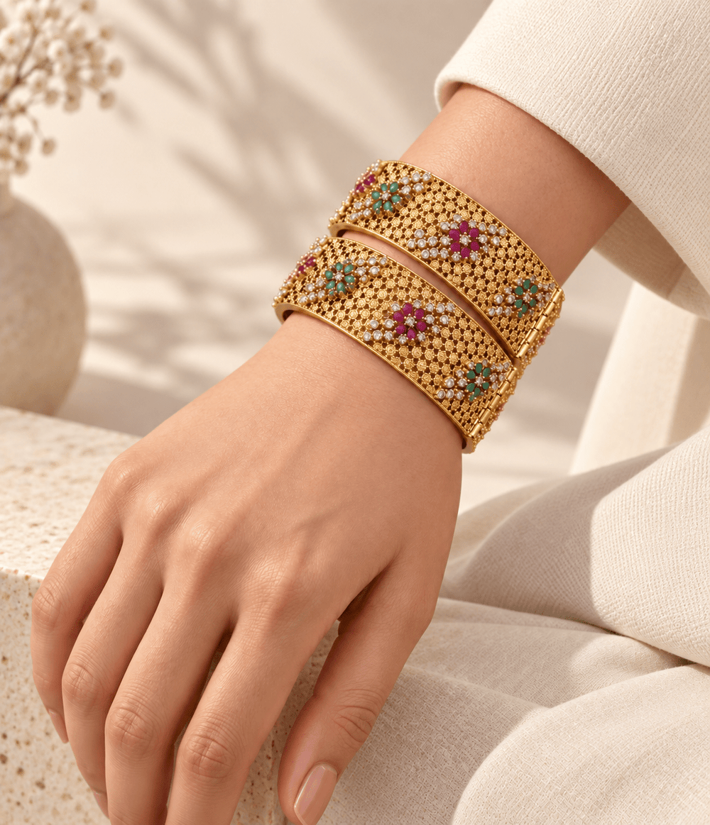 Anaar – Indian Gold Kundan Jaali Bangles with Ruby & Emerald Floral Work - Jewel Galore