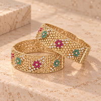 Anaar – Indian Gold Kundan Jaali Bangles with Ruby & Emerald Floral Work - Jewel Galore