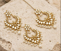 Antique Gold Chandbali Earrings & Maang Tikka Set | Kundan Bridal Jewellery Pakistan | Jewel Galore - EARRING - Jewel Galore