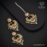 Antique Gold Chandbali Earrings & Maang Tikka Set | Kundan Bridal Jewellery Pakistan | Jewel Galore - EARRING - Jewel Galore