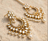 Antique Gold Chandbali Earrings & Maang Tikka Set | Kundan Bridal Jewellery Pakistan | Jewel Galore - EARRING - Jewel Galore