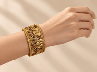 Antique Gold Floral Bird Motif Wide Bangle – Ruby Stone Kada - Bangle - Jewel Galore
