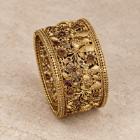 Antique Gold Floral Bird Motif Wide Bangle – Ruby Stone Kada - Bangle - Jewel Galore