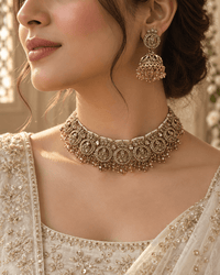 Antique Gold Kundan Choker Set with Jhumka Earrings & Tikka - Choker Set - Jewel Galore