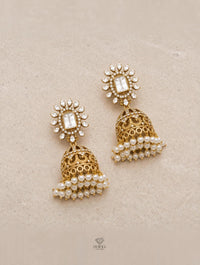 Antique Gold Kundan Jhumka Earrings with Pearl Fringe – Bridal Statement Earrings - Jewel Galore