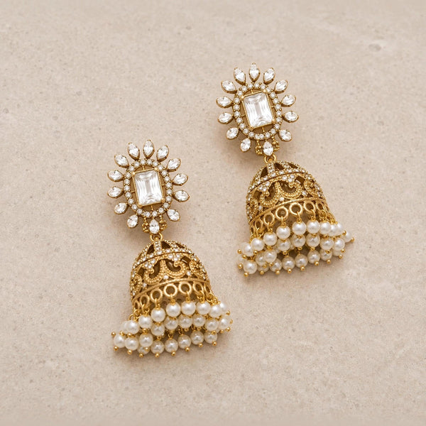 Antique Gold Kundan Jhumka Earrings with Pearl Fringe – Bridal Statement Earrings - Jewel Galore