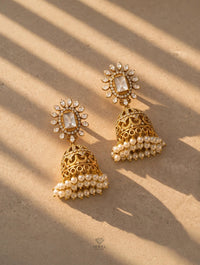 Antique Gold Kundan Jhumka Earrings with Pearl Fringe – Bridal Statement Earrings - Jewel Galore