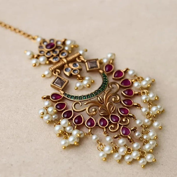 Antique Gold Kundan Maang Tikka with Pearl Cluster – Bridal Bindiya - Jewel Galore
