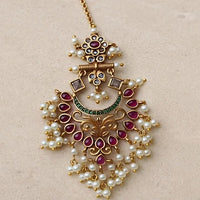 Antique Gold Kundan Maang Tikka with Pearl Cluster – Bridal Bindiya - Jewel Galore