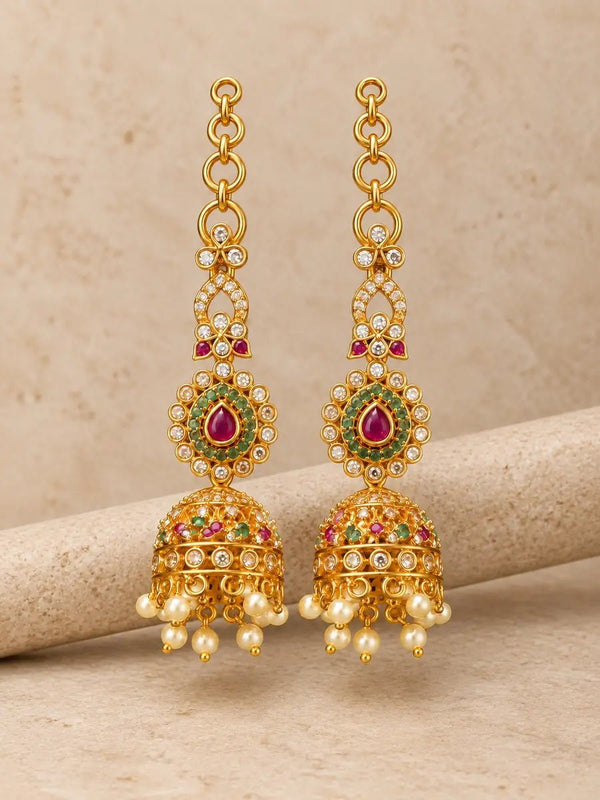 Antique Gold Plated Jhumka Earrings with Ruby & Emerald Stones | Pearl Drop Design - Earrings - Jewel Galore