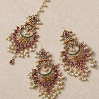 Complete Antique Gold Chandbali Earrings & Maang Tikka Set – Pearl Cluster Edition - Jewel Galore