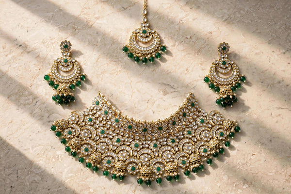 Emerald Kundan Choker Set with Jhumka Earrings & Maang Tikka – Antique Gold Bridal Jewellery - Jewel Galore