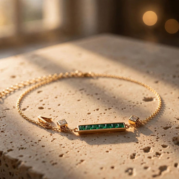 Gold Emerald Bar Initial Bracelet | Personalized Baguette Chain - Jewel Galore