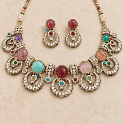 Heritage Collection Multicolor Kundan Necklace Set with Earrings - Necklace Set - Jewel Galore
