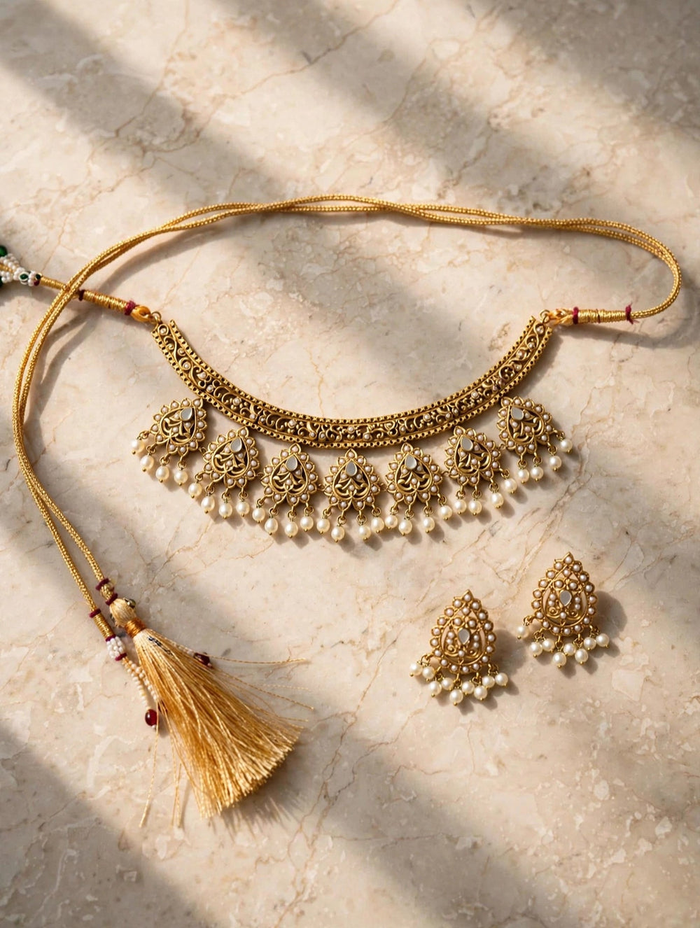 Kundan Choker Necklace Set with Jhumka Earrings – Pearl Drop Bridal Jewellery - Jewel Galore