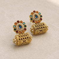 Kundan Cylinder Jhumka Earrings | Antique Gold Plated Filigree | Pakistani Bridal Earrings - Jewel Galore