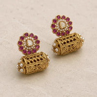 Kundan Cylinder Jhumka Earrings | Antique Gold Plated Filigree | Pakistani Bridal Earrings - Jewel Galore