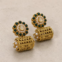 Kundan Cylinder Jhumka Earrings | Antique Gold Plated Filigree | Pakistani Bridal Earrings - Jewel Galore