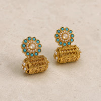 Kundan Cylinder Jhumka Earrings | Antique Gold Plated Filigree | Pakistani Bridal Earrings - Jewel Galore