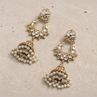 Kundan Jhumka Earrings with Pearl Drops – Gold Chandbali Design for Bridal & Party Wear - Jewel Galore