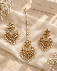 Kundan Pearl Earrings & Maang Tikka Set – Antique Gold Floral - Earring & Tikka Set - Jewel Galore