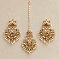Kundan Pearl Earrings & Maang Tikka Set – Antique Gold Floral - Earring & Tikka Set - Jewel Galore
