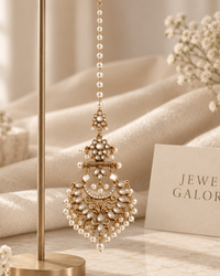 Kundan Pearl Earrings & Maang Tikka Set – Antique Gold Floral - Earring & Tikka Set - Jewel Galore