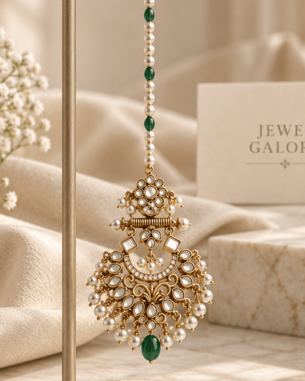 Kundan Pearl Maang Tikka – Antique Gold Green Bead Chain - Tikka - Jewel Galore