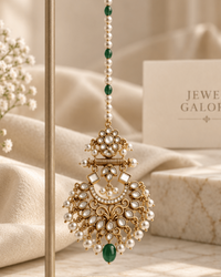 Kundan Pearl Maang Tikka – Antique Gold Green Bead Chain - Tikka - Jewel Galore