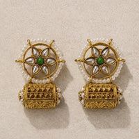 Kundan Pearl Wheel Cylinder Jhumka Earrings | Antique Gold Plated | Pakistani Bridal Earrings - Jewel Galore