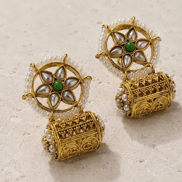 Kundan Pearl Wheel Cylinder Jhumka Earrings | Antique Gold Plated | Pakistani Bridal Earrings - Jewel Galore