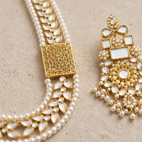 Meher Gold Kundan Square Pearl Long Maala & Earrings Set - Jewel Galore