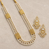 Meher Gold Kundan Square Pearl Long Maala & Earrings Set - Jewel Galore