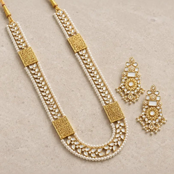 Meher Gold Kundan Square Pearl Long Maala & Earrings Set - Jewel Galore